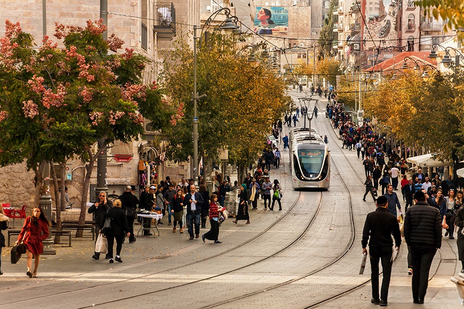 Jerusalem city street with light rail
